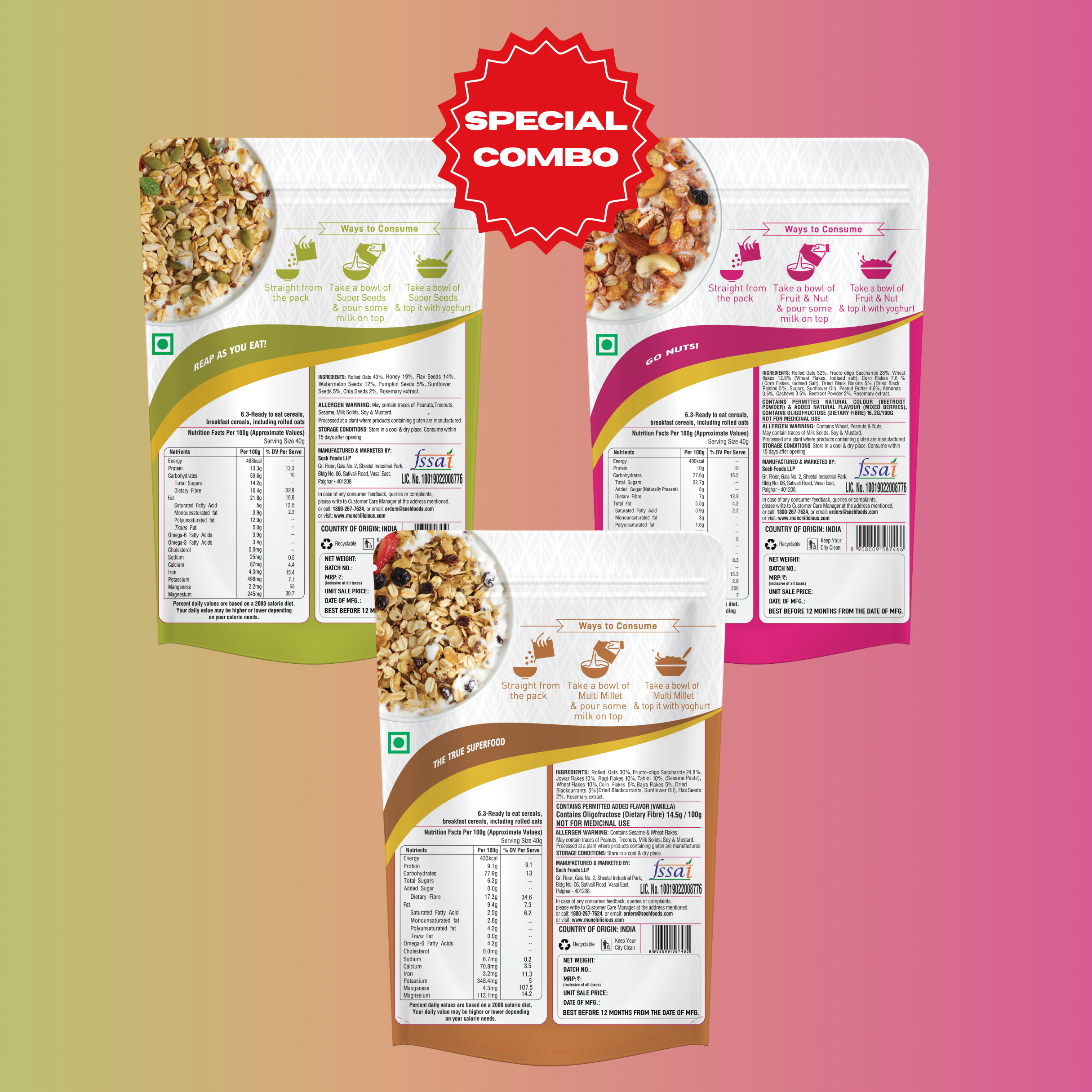 Munchilicious Muesli Trio – Super Seeds , Multi Millet & Fruit n Nut
