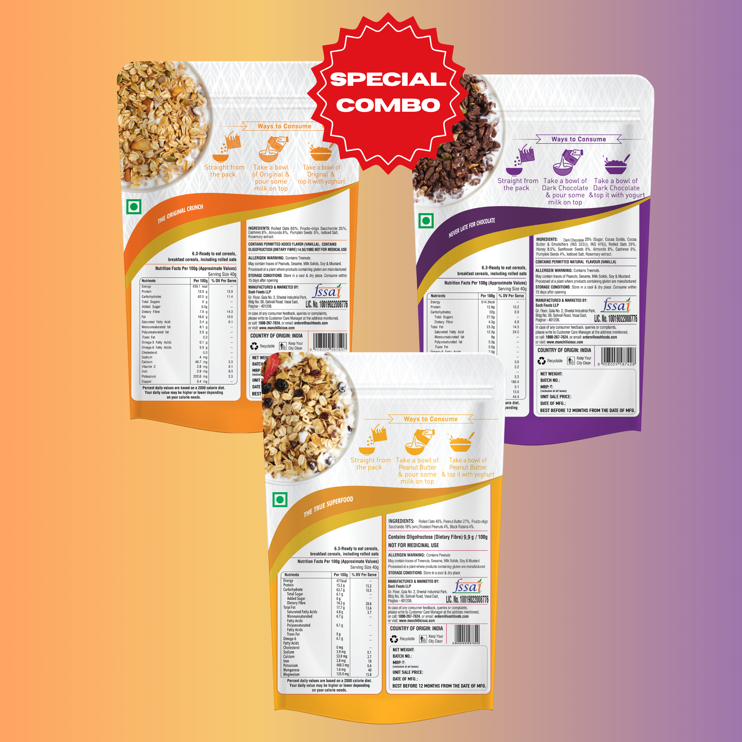 Munchilicious Granola Trio – Dark Chocolate, Original & Peanut Butter
