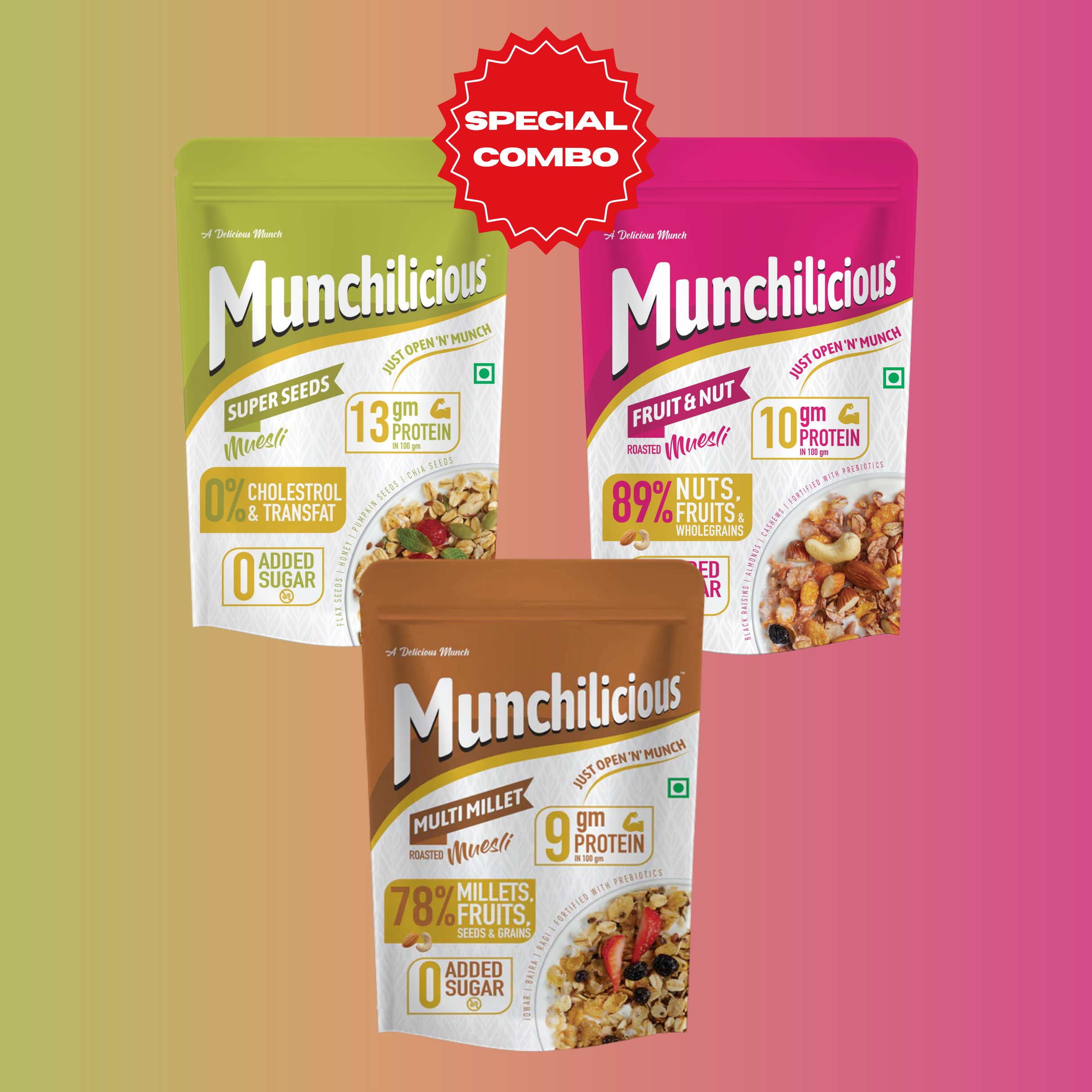 Munchilicious Muesli Trio – Super Seeds , Multi Millet & Fruit n Nut